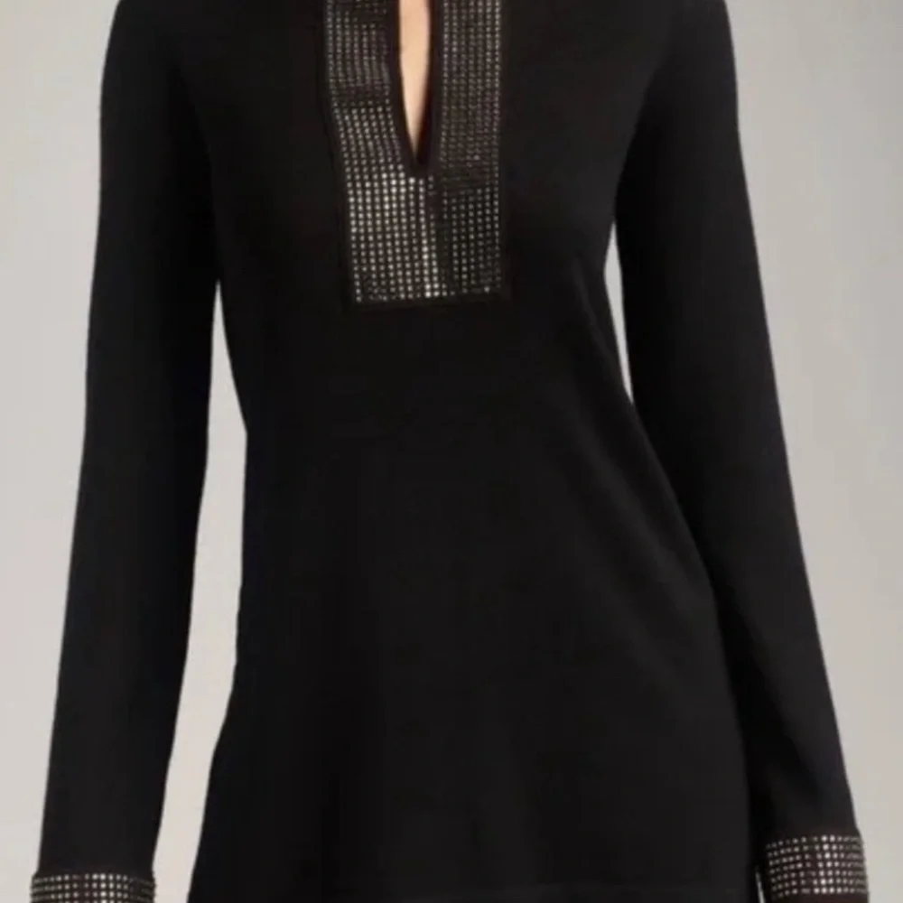 Tory Burch Black Merino Wool Rhinestone Embellished Tunic Sweater